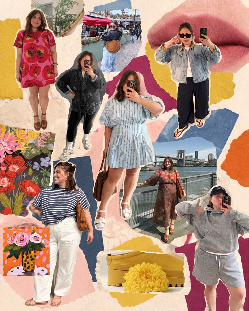 A torn-paper collage of Maxey in eight different outfits, several of them mirror selfies, among them a red poppy-print dress, a blue striped dress, a denim jacket with navy trousers, a striped tee with white jeans, a patterned maxi dress by the water with a bridge behind her, and a gray hoodie with shorts. Floral paintings and a yellow platform clog fill the gaps.